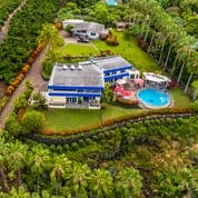 Aerial view of a picturesque property featuring two houses, a swimming pool, and lush greenery.