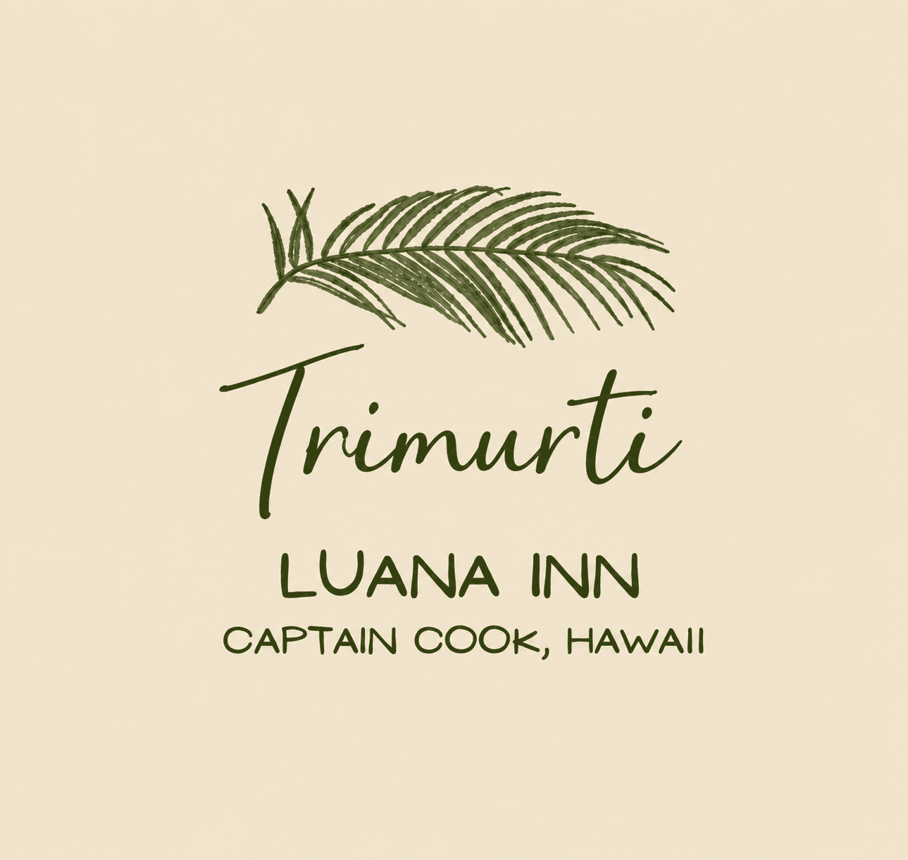 Logo of Trimurti Luana Inn located in Captain Cook, Hawaii, featuring a palm leaf illustration.