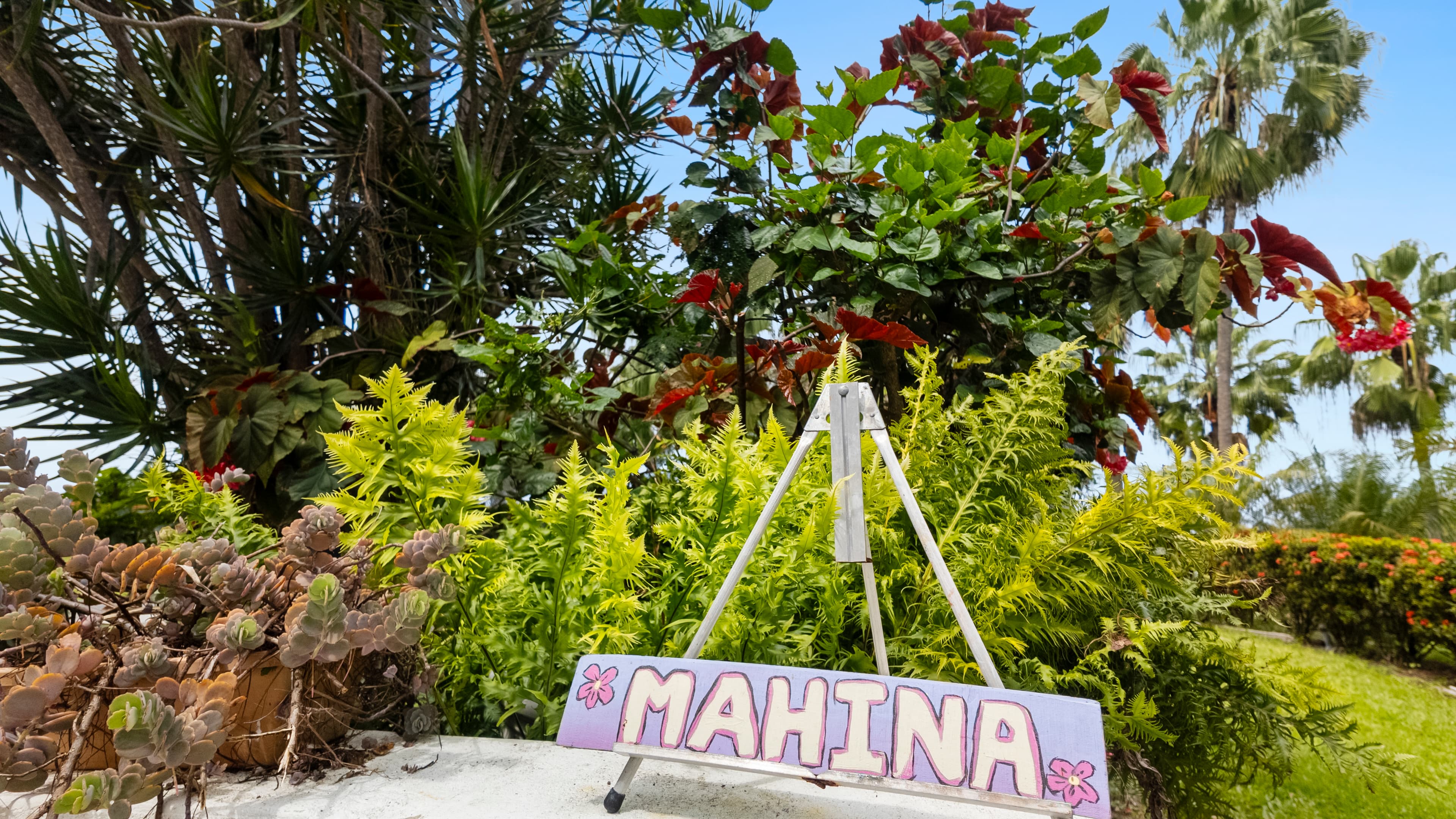 A colorful sign reading "Mahina" stands in front of lush greenery and plants.