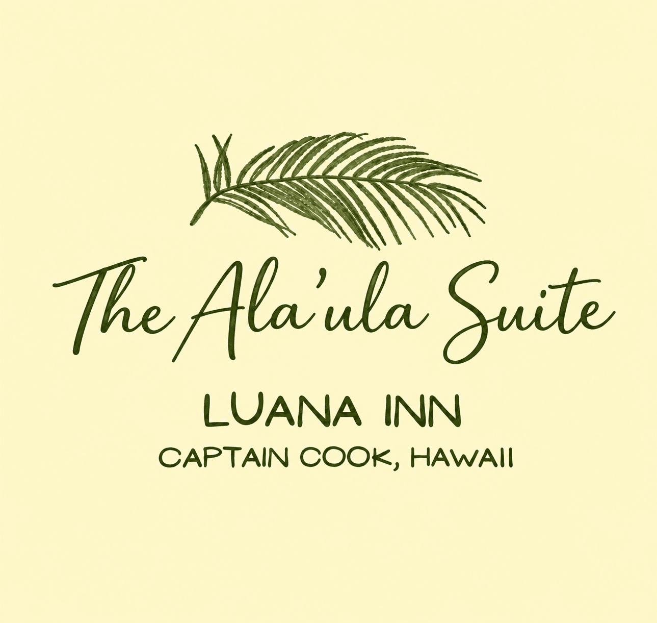 Text logo for "The Alaʻula Suite" at Luana Inn, located in Captain Cook, Hawaii, with a palm leaf illustration.