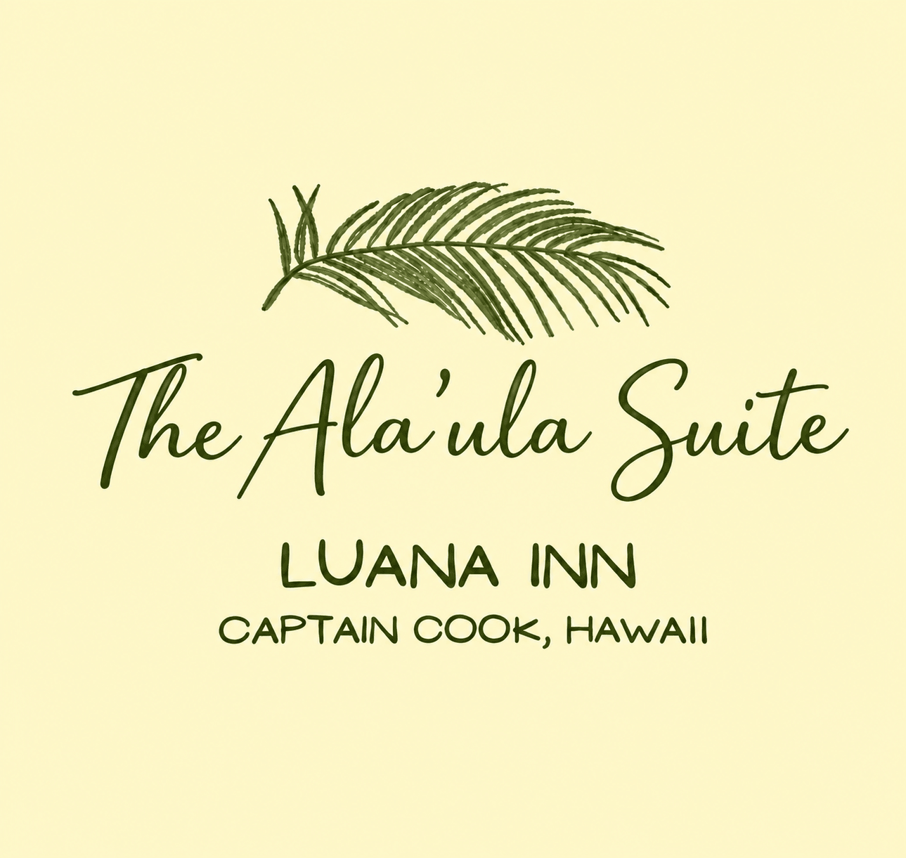 Text logo for "The Alaʻula Suite" at Luana Inn, located in Captain Cook, Hawaii, with a palm leaf illustration.