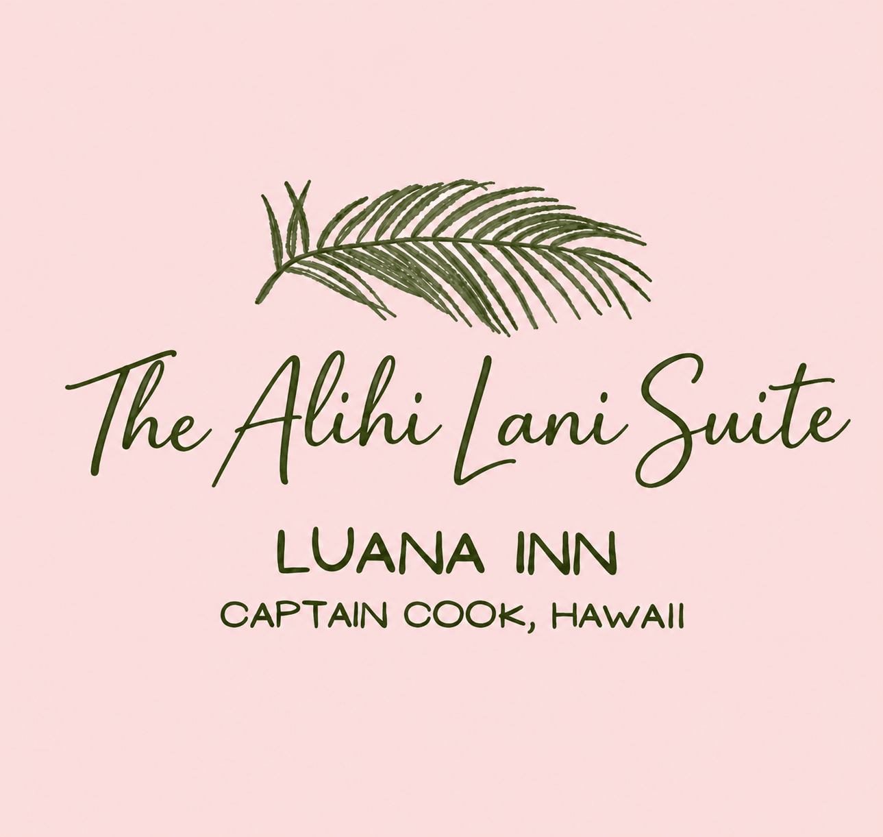 Logo for The Alihi Lani Suite at Luana Inn, Captain Cook, Hawaii, featuring a palm leaf design on a pink background.