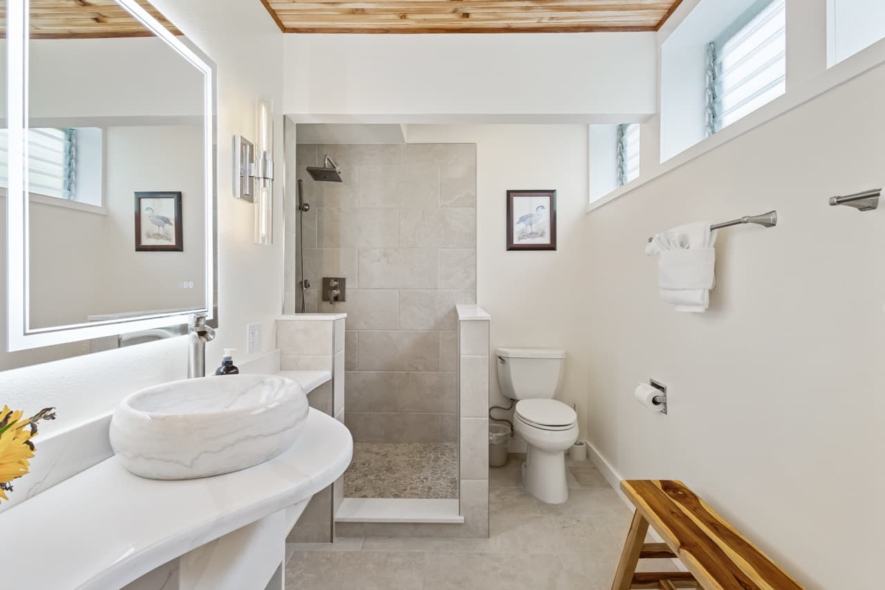A modern bathroom featuring a shower, a sleek countertop sink, and natural light from frosted windows.