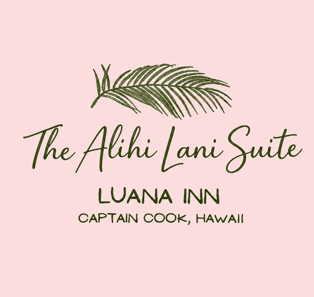 Text logo for "The Alihi Lani Suite" at Luana Inn, Captain Cook, Hawaii, with a palm leaf design on a pink background.