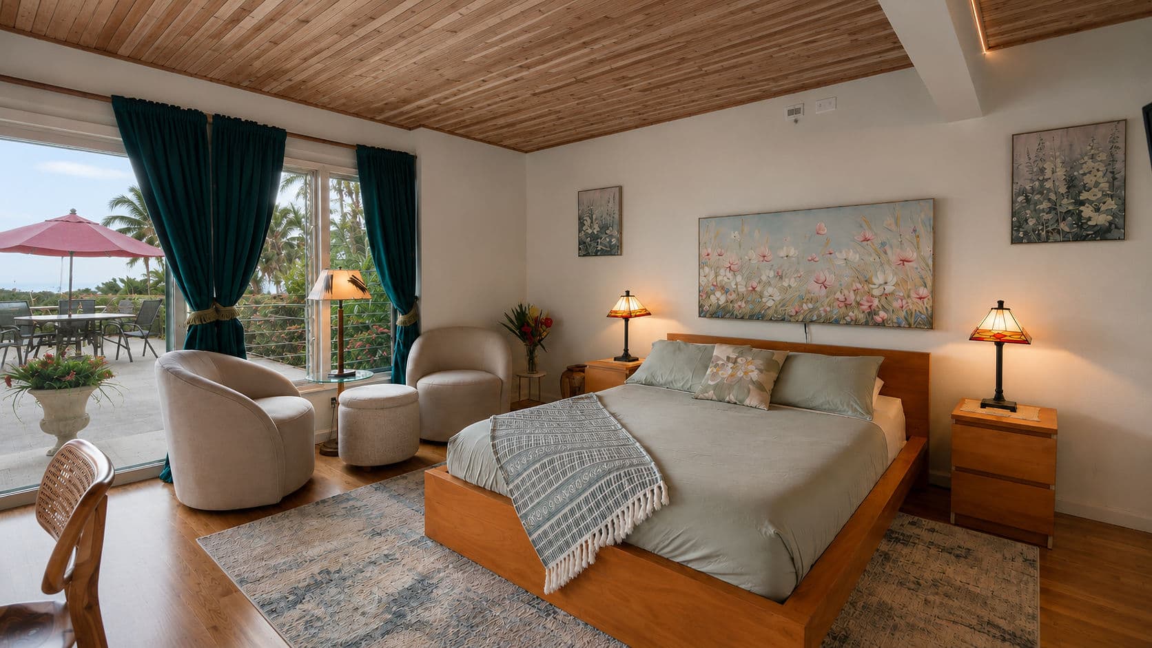 A cozy bedroom with a wooden ceiling, a queen-sized bed, two armchairs, and large windows overlooking a patio with palm trees.