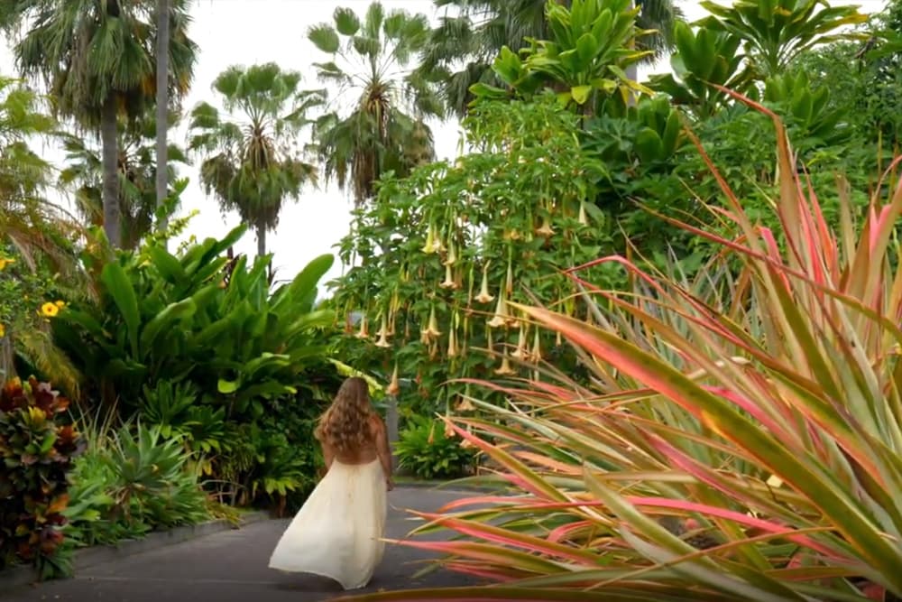 A woman in a flowing white dress walks through a lush, tropical garden.
