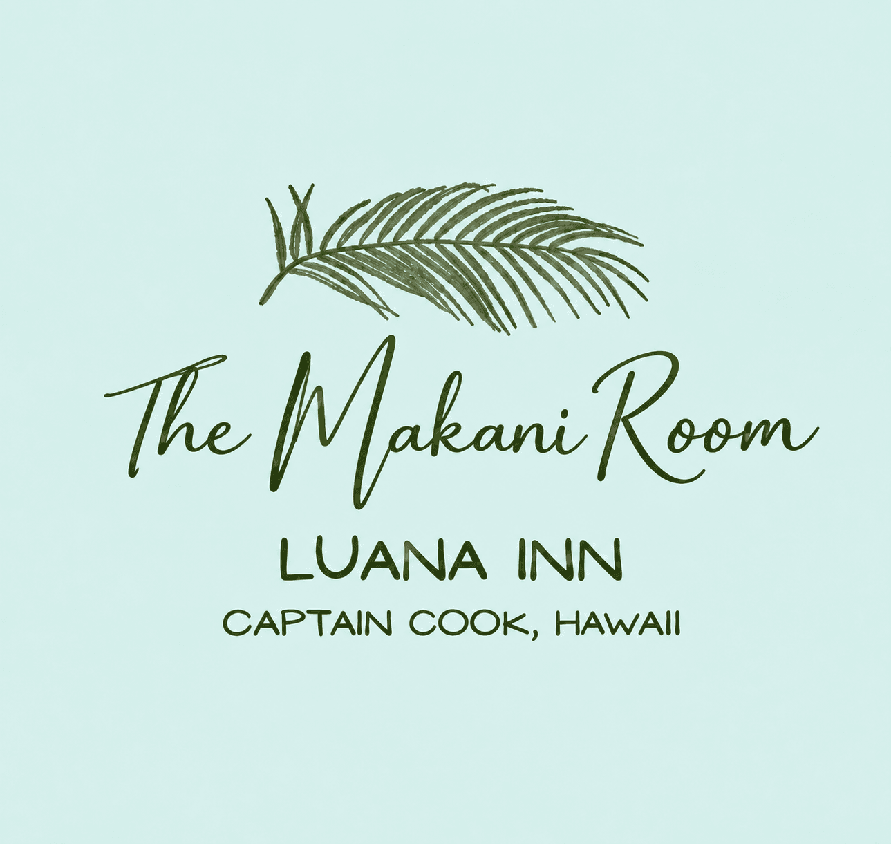 Text logo for "The Makani Room" at Luana Inn in Captain Cook, Hawaii, featuring a palm leaf design.