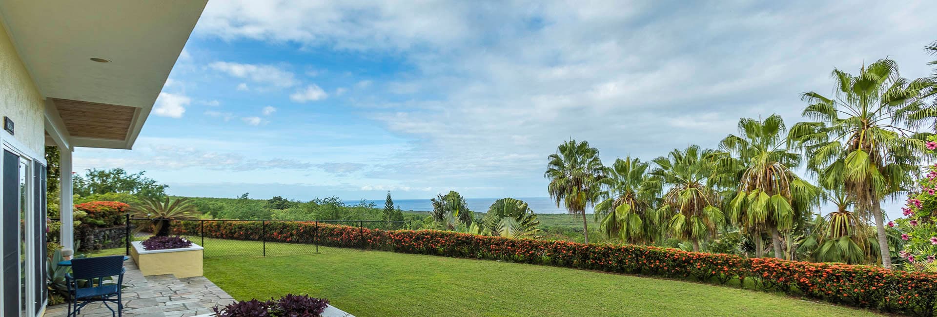 A lush green lawn with palm trees overlooks a cloudy sky and distant ocean.