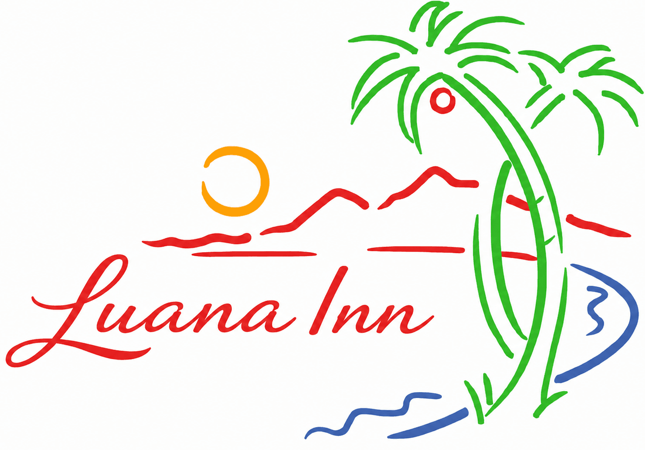Colorful logo of Luana Inn featuring palm trees, mountains, and a sun.
