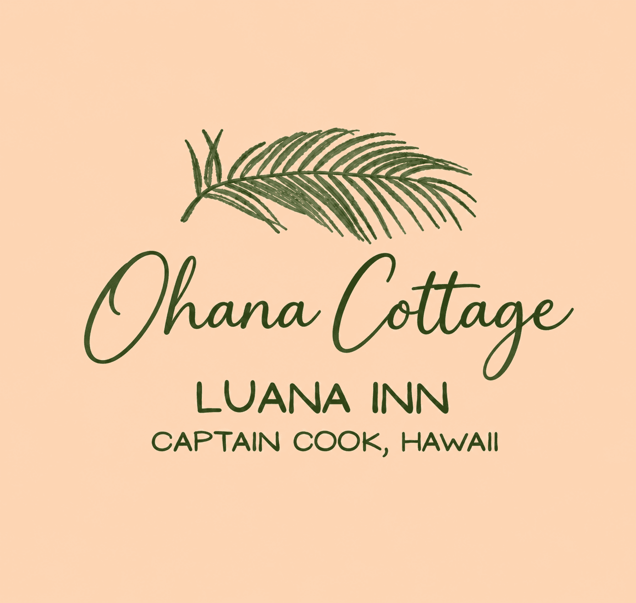Text graphic featuring "Ohana Cottage," "Luana Inn," and "Captain Cook, Hawaii," with a palm leaf illustration.