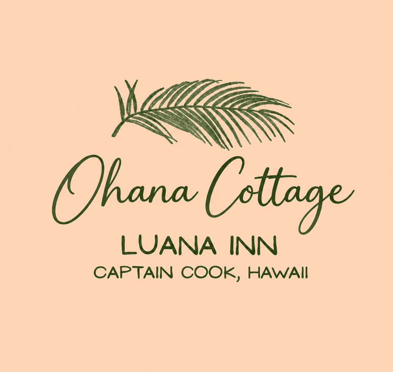 Text graphic featuring "Ohana Cottage," "Luana Inn," and "Captain Cook, Hawaii," with a palm leaf illustration.