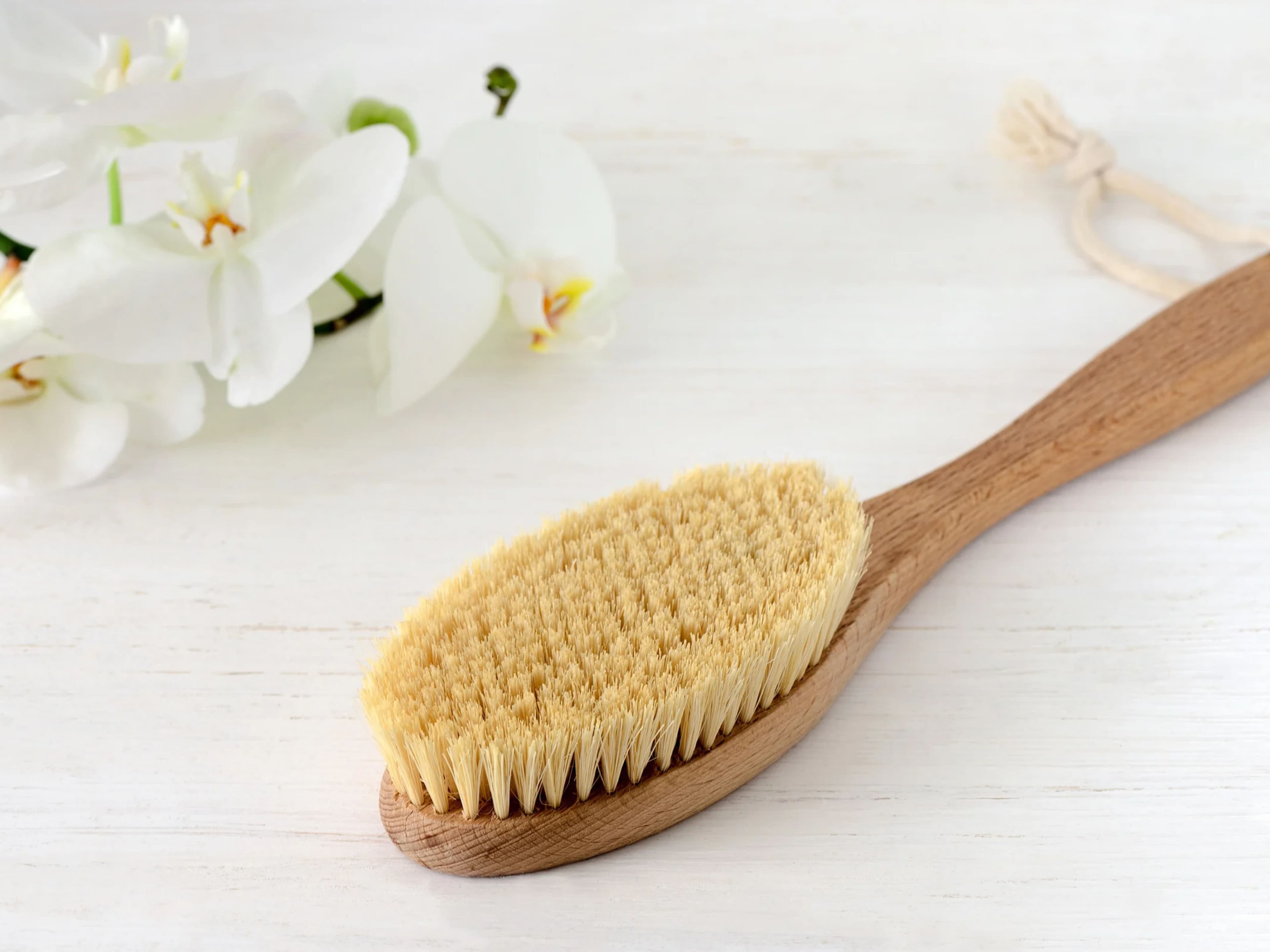 A wooden-handled brush with natural bristles rests beside white orchid flowers on a light surface.