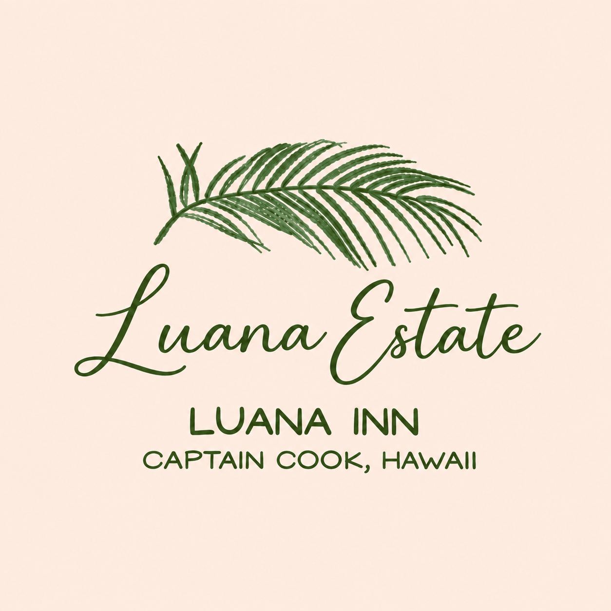 Logo for Luana Estate featuring the text "Luana Inn, Captain Cook, Hawaii," accompanied by a palm leaf illustration.