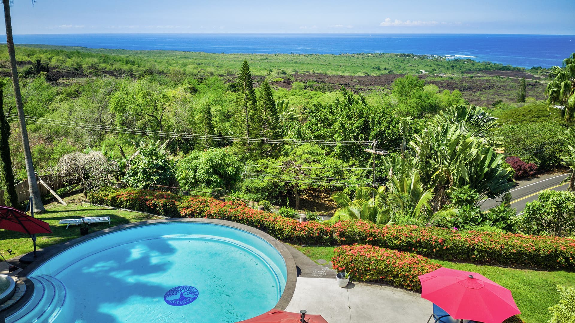 A scenic view of a poolside overlooking lush greenery and the ocean.