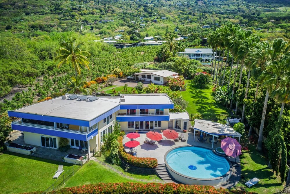 Aerial view of a luxurious home with a pool, surrounded by lush greenery and palm trees.